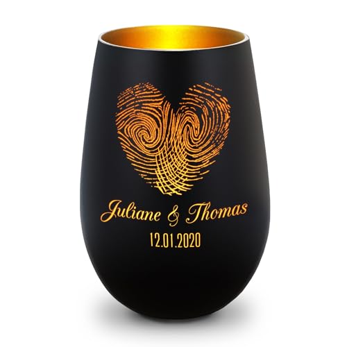 GRAVURZEILE Deko Windlicht aus Glas mit Gravur - Herz Fingerabdruck - Personalisiert mit Namen & Datum - Persönliche Geschenke für Frauen und Männer zur Hochzeit und Verlobung - Schwarz/Gold von GRAVURZEILE