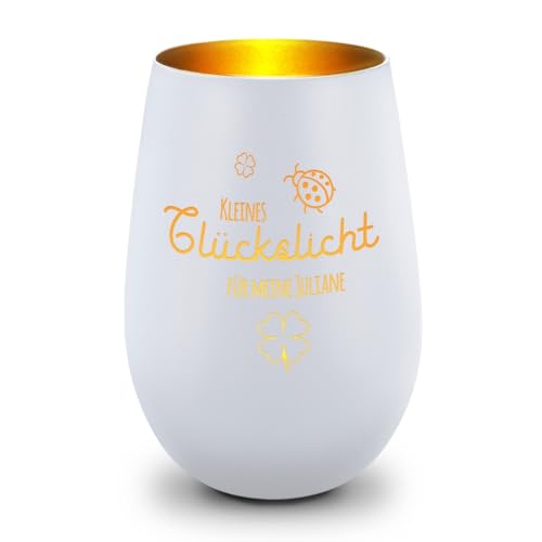 GRAVURZEILE Deko Windlicht aus Glas mit Gravur - Kleines Glückslicht - Personalisiert mit Name - Persönliche Geschenke für Frauen und Männer zur Hochzeit Verlobung und Geburtstag - Weiß/Gold von GRAVURZEILE