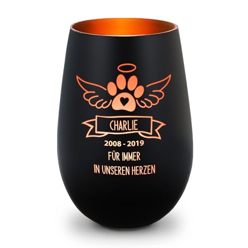 GRAVURZEILE Deko Windlicht aus Glas mit Gravur - Pfotenengel - Personalisiert mit Namen & Datum - Haustier Trauerlicht für Hund und Katze - Grabschmuck zur Beerdigung oder Andenken - Schwarz/Bronze von GRAVURZEILE