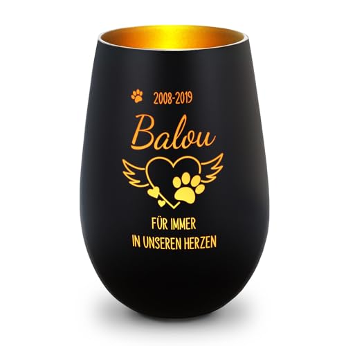 GRAVURZEILE Deko Windlicht aus Glas mit Gravur - Pfotenherz - Personalisiert mit Namen & Datum - Haustier Trauerlicht - Grabschmuck zur Beerdigung oder als Andenken - Schwarz/Gold von GRAVURZEILE