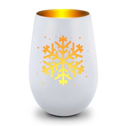 GRAVURZEILE Deko Windlicht aus Glas mit Gravur - Schneeflocke - Weihnachtsdeko zum Verschenken - Geschenk für die Liebsten zu Weihnachten - Geschenke für Frauen und Männer- Weiß/Gold von GRAVURZEILE