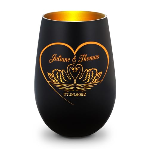 GRAVURZEILE Deko Windlicht aus Glas mit Gravur - Schwanenherz - Personalisiert mit Namen & Datum - Persönliche Geschenke für Frauen und Männer zur Hochzeit Verlobung und Geburtstag - Schwarz/Gold von GRAVURZEILE