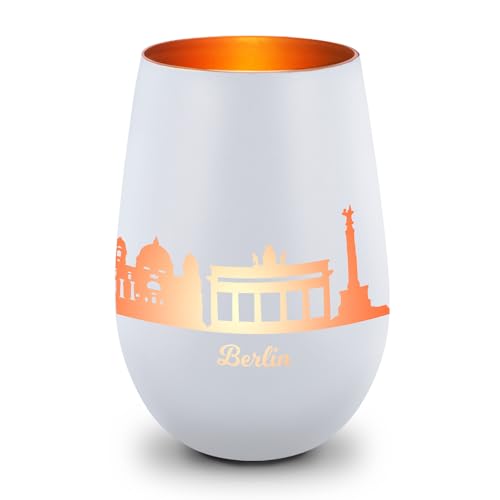 GRAVURZEILE Deko Windlicht aus Glas mit Gravur - Skyline Berlin - Hochwertige 360° Lasergravur - Dekoratives Geschenk als Andenken, Souvenir oder für Sammler zum Geburtstag - Farbe: Weiß/Bronze von GRAVURZEILE