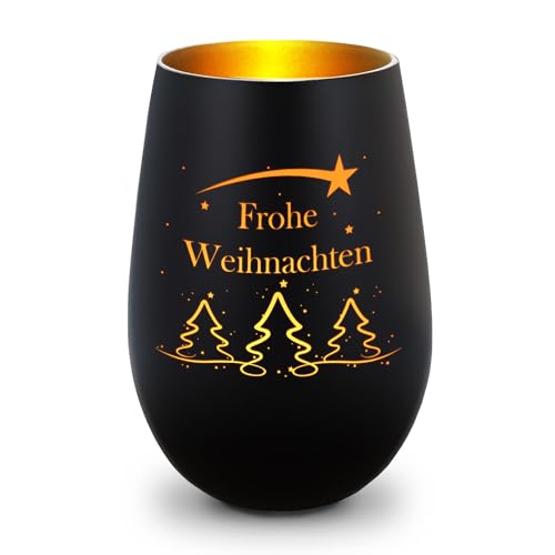 GRAVURZEILE Deko Windlicht aus Glas mit Gravur - Tannenbaum - Frohe Weihnachten - Weihnachtsdeko zum Verschenken - Für die Liebsten zu Weihnachten - Geschenke für Frauen und Männer - Schwarz/Gold von GRAVURZEILE