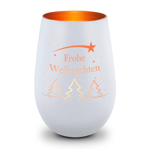 GRAVURZEILE Deko Windlicht aus Glas mit Gravur - Tannenbaum - Frohe Weihnachten - Weihnachtsdeko zum Verschenken - Für die Liebsten zu Weihnachten - Geschenke für Frauen und Männer - Weiß/Bronze von GRAVURZEILE