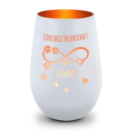 GRAVURZEILE Deko Windlicht aus Glas mit Gravur - Unendlich - Personalisiert mit Name - Haustier Trauerlicht für Hund und Katze - Grabschmuck zur Beerdigung oder als Andenken - Weiß/Bronze von GRAVURZEILE