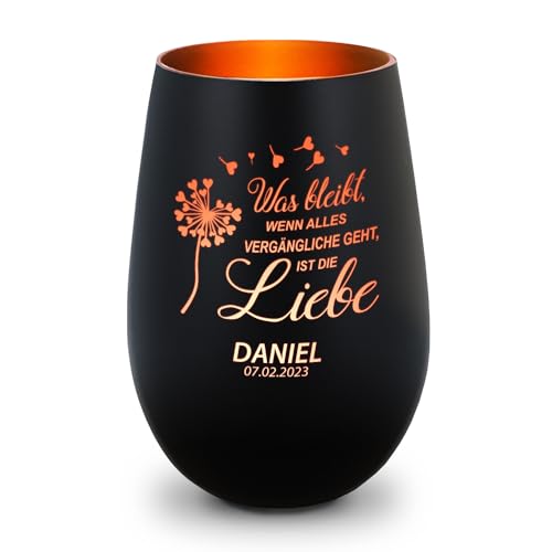 GRAVURZEILE Deko Windlicht aus Glas mit Gravur - was bleibt, wenn Alles Vergängliche geht - Personalisiert - Trauerlicht für Teelichter und Kerzen - Grabschmuck zur Beerdigung - Schwarz/Bronze von GRAVURZEILE