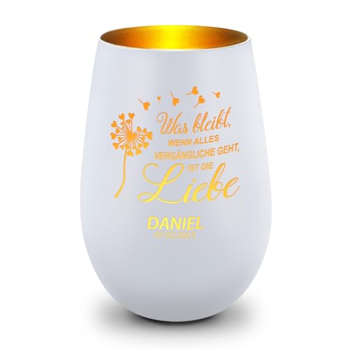 GRAVURZEILE Deko Windlicht aus Glas mit Gravur - was bleibt, wenn Alles Vergängliche geht - Personalisiert - Trauerlicht für Teelichter und Kerzen - Grabschmuck zur Beerdigung - Weiß/Gold von GRAVURZEILE