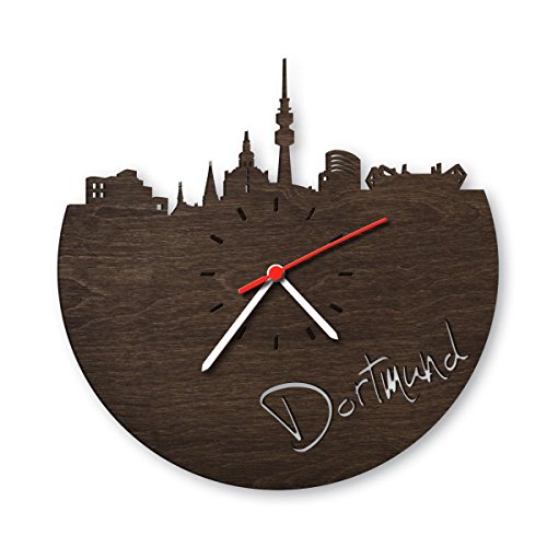 GRAVURZEILE Dortmund Wanduhr aus Eichen-Holz geräuchert Design Uhr aus Echtholz Wand-Deko Originelle Wand-Uhr Moderne Wand-Uhr im Skyline Design Wand-Dekoration aus Natur-Holz von GRAVURZEILE