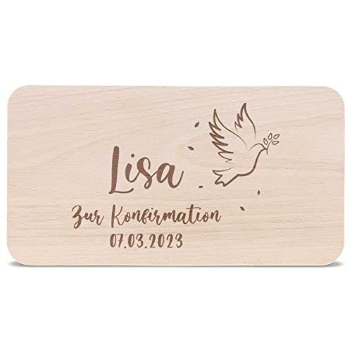 GRAVURZEILE Frühstücksbrettchen Brotzeitbrett mit Gravur - Konfirmation Kommunion Vogel - Personalisiert mit Namen - Geschenkidee zur Firmung für Mädchen & Jungen - 100% Buchenholz von GRAVURZEILE