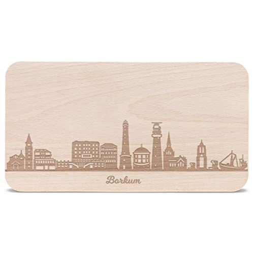 GRAVURZEILE Frühstücksbrettchen mit Gravur - Skyline Borkum - Holz Schneidebrett Vesperbrett Brotzeitbrett - Geschenk für Borkum Stadtverliebte & Insel Fans - Ideal auch als Souvenir von GRAVURZEILE