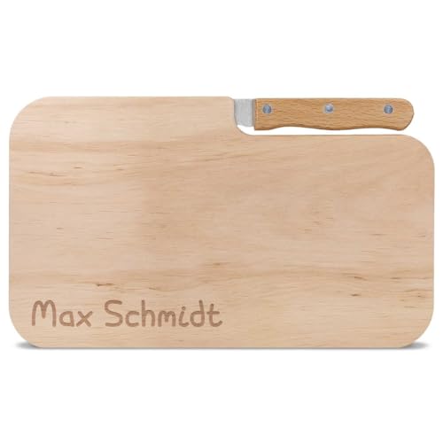 GRAVURZEILE Frühstücksbrettchen mit eigener Gravur in verschiedenen Motiven - Inklusive Messer - Personalisiert mit Namen und Text - Massives Erlenholz - 26x15,5x1,2 cm - Motiv: Name von GRAVURZEILE