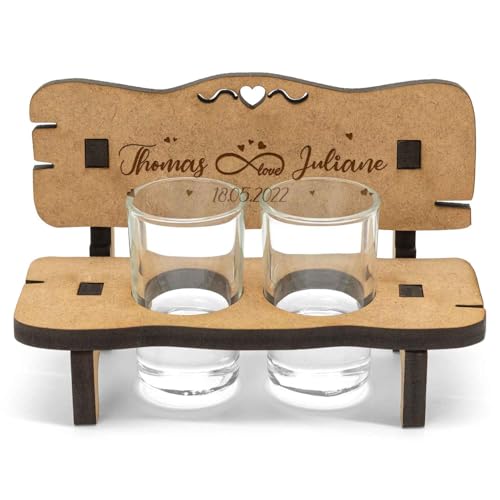 GRAVURZEILE Gravierte Schnapsbank - Unendlichkeitssymbol - Gravur mit Namen & Datum - aus MDF Holz - incl. 2x Schnapsglas - Geschenk für Sie & Ihn zum Valentinstag Geburtstag Weihnachten von GRAVURZEILE