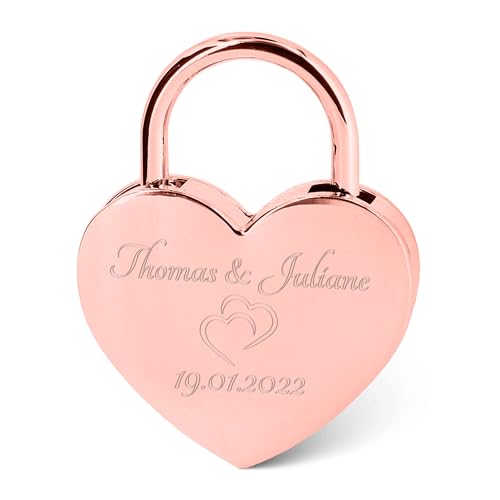 GRAVURZEILE Herzschloss mit Gravur - Personalisiertes Schloss in Gold mit Herzschlüssel - Personalisiert mit Namen & Datum - Geschenkidee zum Valentinstag - Geschenk für Sie & Ihn - Rosegold von GRAVURZEILE