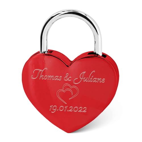 GRAVURZEILE Herzschloss mit Gravur - Personalisiertes Schloss in Gold mit Herzschlüssel - Personalisiert mit Namen & Datum - Geschenkidee zum Valentinstag - Geschenk für Sie & Ihn - Rot von GRAVURZEILE
