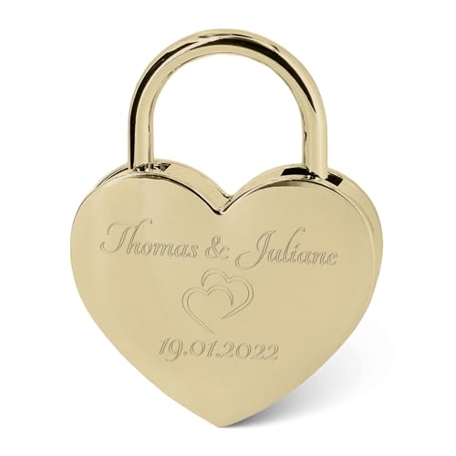 GRAVURZEILE Herzschloss mit Gravur - Personalisiertes Schloss in Gold mit Herzschlüssel - Personalisiert mit Namen & Datum - Geschenkidee zum Valentinstag - Geschenk für Sie & Ihn - Gold von GRAVURZEILE