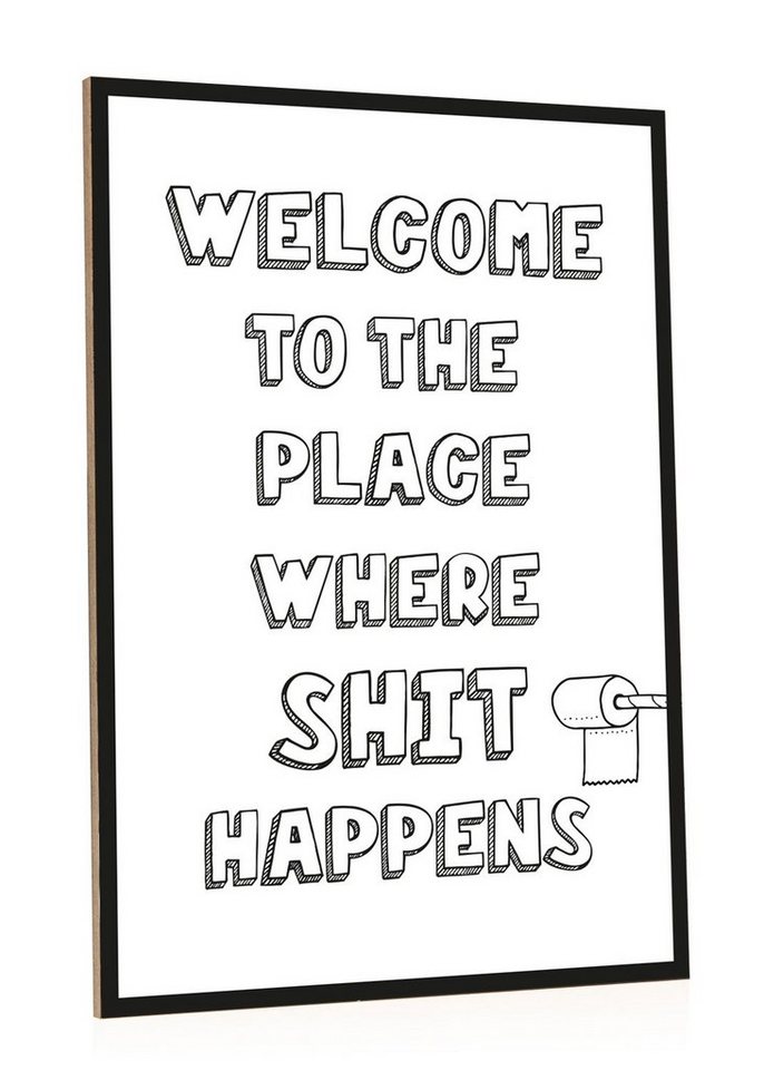 GRAVURZEILE Holzbild mit Spruch - The Place where Shit happens - Kunstdruck auf Holz, (1 St), Lustiges Wandbild im Comic-Look für Toilette & Badezimmer von GRAVURZEILE