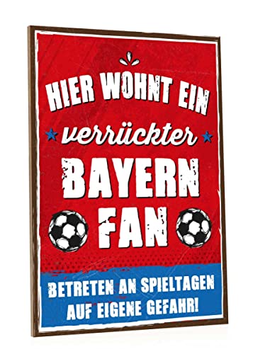 GRAVURZEILE Holzschild - Hier wohnt ein verrückter Fußball Fan - Farbiger Kunstdruck auf Holz für Fussball Fans - Wand Dekoration im Vintage Look - Geschenke für Sie & Ihn - Farbe Bayern von GRAVURZEILE