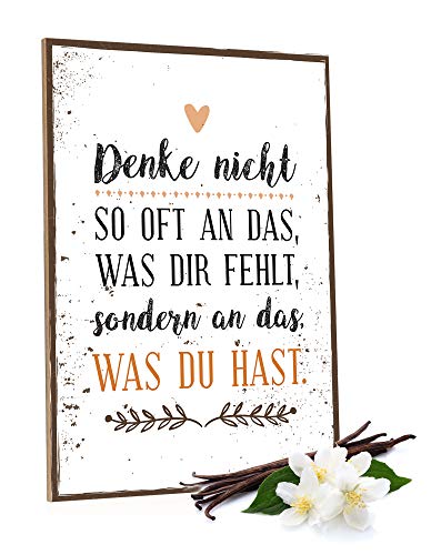 GRAVURZEILE Holzschild mit Spruch - Denke nicht so oft an das was Dir fehlt - Moderne Kunstdrucke auf Holz - Wand Dekoration im Vintage-Look Kunstdruck für Familie Freunde in Küche Home & Co von GRAVURZEILE