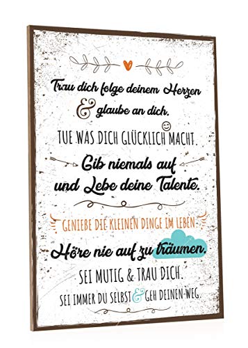 GRAVURZEILE Holzschild mit Spruch - Folge Deinem Herzen - Moderne Kunstdrucke auf Holz - Wand Dekoration im Vintage-Look Kunstdruck für Familie Freunde in Küche Home & Co von GRAVURZEILE