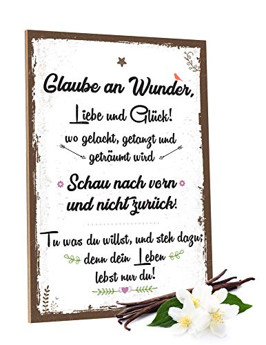 GRAVURZEILE Holzschild mit Spruch - Glaube an Wunder, Liebe & Glück - Geburtstagsgeschenk - Liebesgeschenk - Wand Dekoration im Vintage-Look Kunstdruck für Familie Freunde in Küche Home & Co von GRAVURZEILE