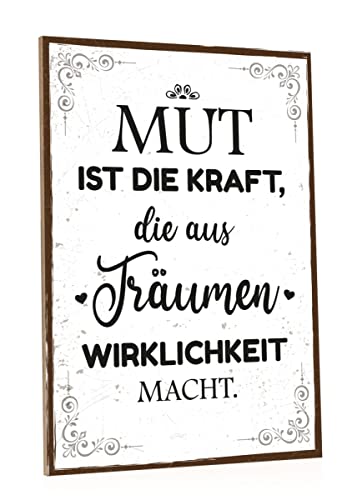 GRAVURZEILE Holzschild mit Spruch - Mut ist die Kraft - Motivierender Kunstdruck auf Holz - Wand Dekoration Poster im Vintage Look für Sie & Ihn - Geschenk zur Eröffnung Selbstständigkeit von GRAVURZEILE