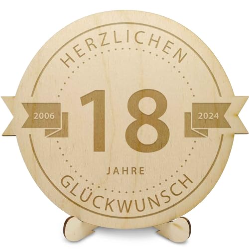 GRAVURZEILE Holzschnitte - Gravierte Holzscheibe 18 Jahre - Geschenk zum Jubiläum 2023 - Größe: 20 cm - Rustikales Geschenk zum Geburtstag, Jahrestag & Firmenjubiläum - für DIY Geschenke geeignet von GRAVURZEILE