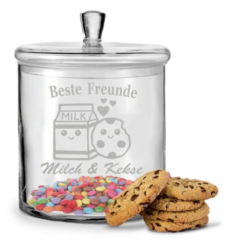 GRAVURZEILE Keksdose mit Gravur - Beste Freunde Milch & Kekse - mit Deckel, Glas, Handgefertigte Glasdose mit Deckel und niedlichem Motiv von GRAVURZEILE