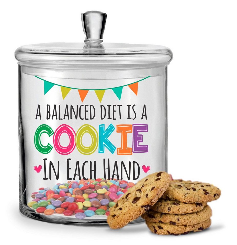 GRAVURZEILE Keksdose UV-Druck - Balanced Diet is a Cookie in each Hand, Glas, Handgefertigte Glasdose mit Deckel für Partner, Freunde & Familie von GRAVURZEILE