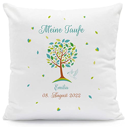 GRAVURZEILE Kissen mit Motiv - Lebensbaum Design - Geschenk zur Taufe - Personalisiert mit Name & Datum - Baby Geschenk für Jungen & Mädchen - Größe mit Füllung, Farbe Grün von GRAVURZEILE