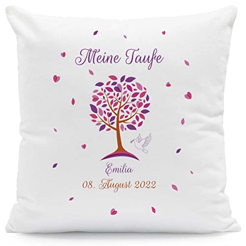 GRAVURZEILE Kissen mit Motiv - Lebensbaum Design - Geschenk zur Taufe - Personalisiert mit Name & Datum - Baby Geschenk für Jungen & Mädchen - Größe mit Füllung, Farbe Rosa von GRAVURZEILE