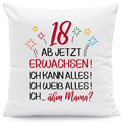 GRAVURZEILE Kissen mit Spruch - Ab jetzt erwachsen 18 - Lustige Geschenke zur Vollhährigkeit als Deko Dekoration - Geschenk für Jungen & Mädchen zum Gebursttag - Größe mit Füllung von GRAVURZEILE