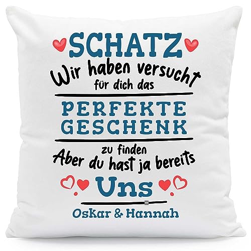 GRAVURZEILE Kissen mit Spruch Personalisiert mit Name - Geschenke für die ganze Familie - Größe: mit Füllung - Farbe: Schatz (Wir haben.) von GRAVURZEILE