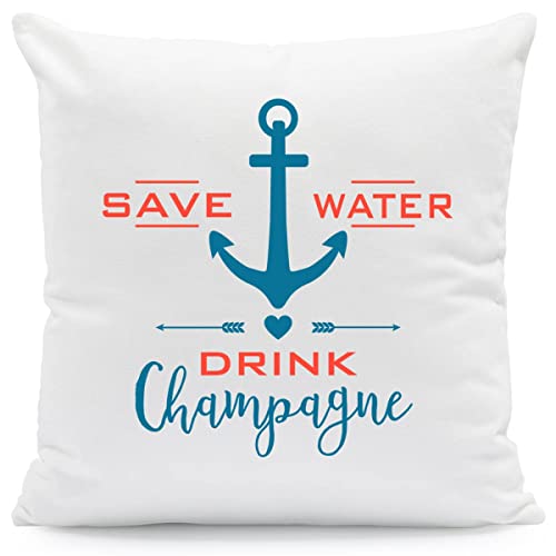 GRAVURZEILE Kissen mit Spruch - Save Water, Drink Champagne - Bedrucktes Kissen mit Anker Motiv - Lustiges Geschenk für Sie & Ihn zum Geburtstag Weihnachten - Größe mit Füllung von GRAVURZEILE