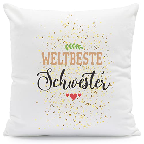 GRAVURZEILE Kissen mit Spruch - Weltbeste Schwester - Bedrucktes Zierkissen mit Reißverschluss - 40 x 40 cm - Geschenk für Sie & Ihn zum Geburtstag Weihnachten - Größe: Mit Füllung von GRAVURZEILE