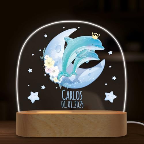 GRAVURZEILE Personalisiertes Kinder Nachtlicht - Mond Design - LED Nachttischlampe für das Kinderzimmer - Personalisierte Geschenke für Kinder & Babys - Geschenk zur Geburt - Babygeschenk - Delfin von GRAVURZEILE