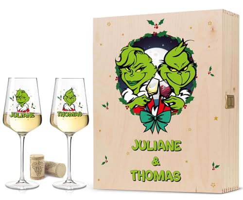 GRAVURZEILE Leonardo Puccini Weinglas mit UV-Druck - Grinch - Personalisiert mit Namen inkl. bedruckter Holzkiste - Geschenke für Weinliebhaber - Geschenk für Frauen & Männer - Farbe: Große Kiste von GRAVURZEILE