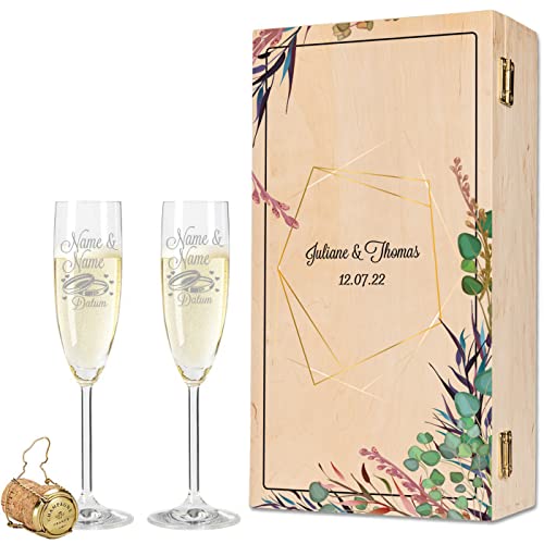 GRAVURZEILE Leonardo Sektgläser - Flower Polygon Design - graviert mit Namen & Datum - inkl. Vintage-Holzkiste - Geschenk zur Hochzeit, Verlobung & Jahrestag - ein perfektes Hochzeitsgeschenk von GRAVURZEILE