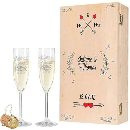 GRAVURZEILE Leonardo Sektgläser - Mr & Mrs Design als Set - graviert mit Namen & Datum - inkl. bedruckter Holzkiste - Geschenk für das Brautpaar zur Hochzeit, Verlobung & Jahrestag von GRAVURZEILE