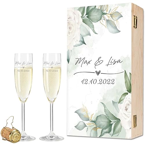 GRAVURZEILE Leonardo Sektgläser mit Gravur - Wedding Love Design - Personalisiert mit Namen & Datum inkl. Holzkiste - Geschenk zur Hochzeit, Verlobung oder Jahrestag - Farbe: Sekt Kiste UV von GRAVURZEILE