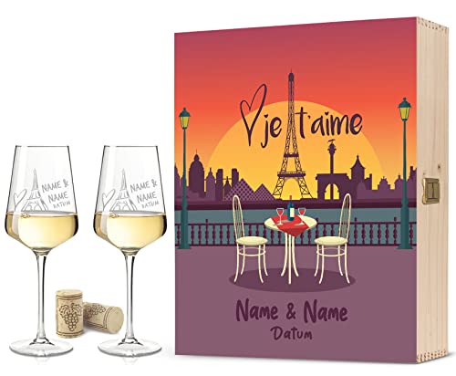GRAVURZEILE Leonardo Weingläser mit Gravur - Je t'aime Design - Personalisiert mit Namen & Datum - Geschenk zur Hochzeit Verlobung - inkl. bedruckter Holzkiste mit Eifelturm - Farbe Große Kiste UV von GRAVURZEILE