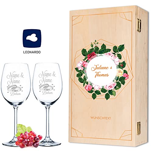 GRAVURZEILE Leonardo Weingläser mit Gravur - Summer & Flower Design als Set inkl. bedruckter Holzkiste - Geschenkidee zur Hochzeit für Brautpaar - Geschenk für Sie & Ihn - Farbe: Classic Rose von GRAVURZEILE