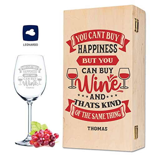 GRAVURZEILE Leonardo Weinglas - You can't buy happiness - graviert mit Wunschnamen - inkl. bedruckter Holzkiste - Geschenk zum Geburtstag für Sie & Ihn - Spruchglas für echte Weingenießer von GRAVURZEILE