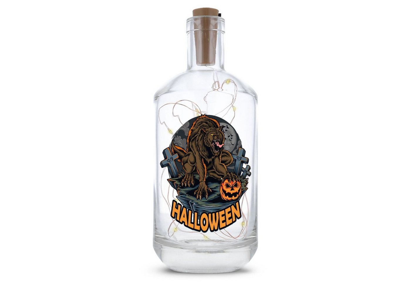 GRAVURZEILE Lichterkette Flasche mit UV-Druck - im Halloween Werwolf V1 Design, 20 LEDs Lichterkette mit Schalter am Korken Drahtlichterkette von GRAVURZEILE