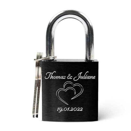 GRAVURZEILE Liebesschloss mit Gravur und Schlüssel - Personalisiertes Schloss - Personalisierte Geschenke für Ihn & Sie zum Valentinstag - Valentinstagsgeschenk für Frauen und Männer - Schwarz von GRAVURZEILE
