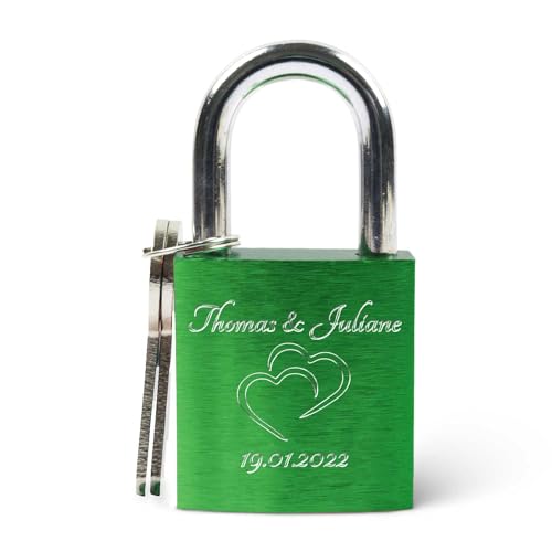 GRAVURZEILE Liebesschloss mit Gravur und Schlüssel - Personalisiertes Schloss - Personalisierte Geschenke für Ihn & Sie zum Valentinstag - Valentinstagsgeschenk für Frauen und Männer - Grün von GRAVURZEILE