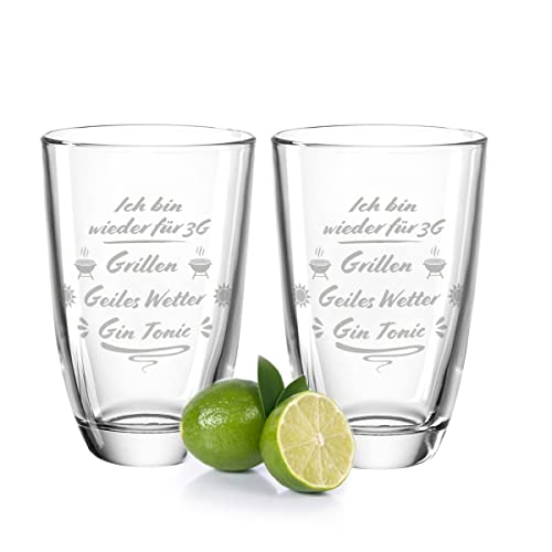 GRAVURZEILE Montana GIN-Gläser 2er Set - 3G Grillen Geiles Wetter Gin Tonic - lustiges Geschenk für Papa Kollegen Freunde Mädels & Familie - GIN Glasses - Party Geschenkset Mitbringsel witzig von GRAVURZEILE