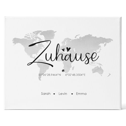 GRAVURZEILE Personalisierte Leinwand Zuhause Personalisiert mit Namen & Koordinaten - Moderner Kunstdruck auf Leinen - Wand Dekoration im minimalen Look - Geschenk für Familien Sie & Ihn - Grau von GRAVURZEILE