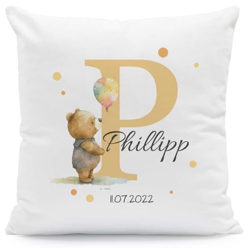 GRAVURZEILE Personalisiertes Deko Kissen mit Tiermotiv und Initiale - Personalisiert mit Name & Datum - 40x40 cm - Mit Füllung - Personalisierte Geschenke für Weihnachten und Geburtstag - Bär von GRAVURZEILE