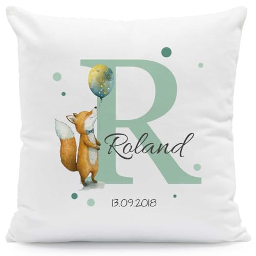 GRAVURZEILE Personalisiertes Deko Kissen mit Tiermotiv und Initiale - Personalisiert mit Name & Datum - 40x40 cm - Mit Füllung - Personalisierte Geschenke für Weihnachten und Geburtstag - Fuchs von GRAVURZEILE